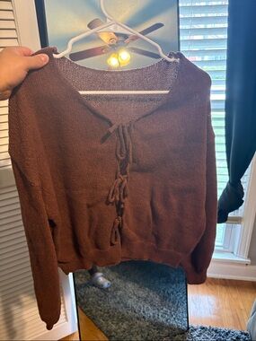SHEIN Brown Tie-Front V-Neck Sweater